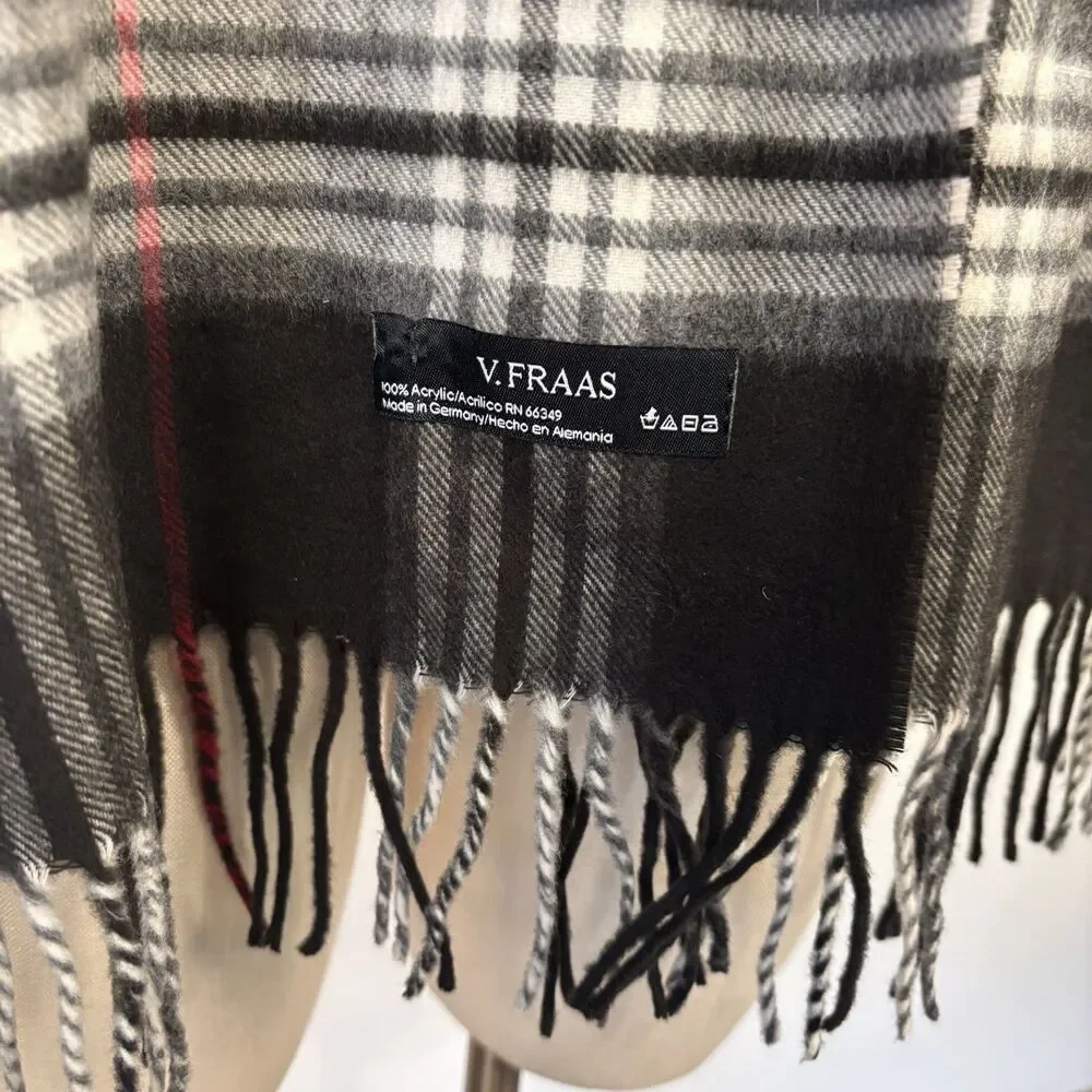NWT V. Fraas Black White Red Plaid Acrylic Germany Made Rectangular Unisex Scarf